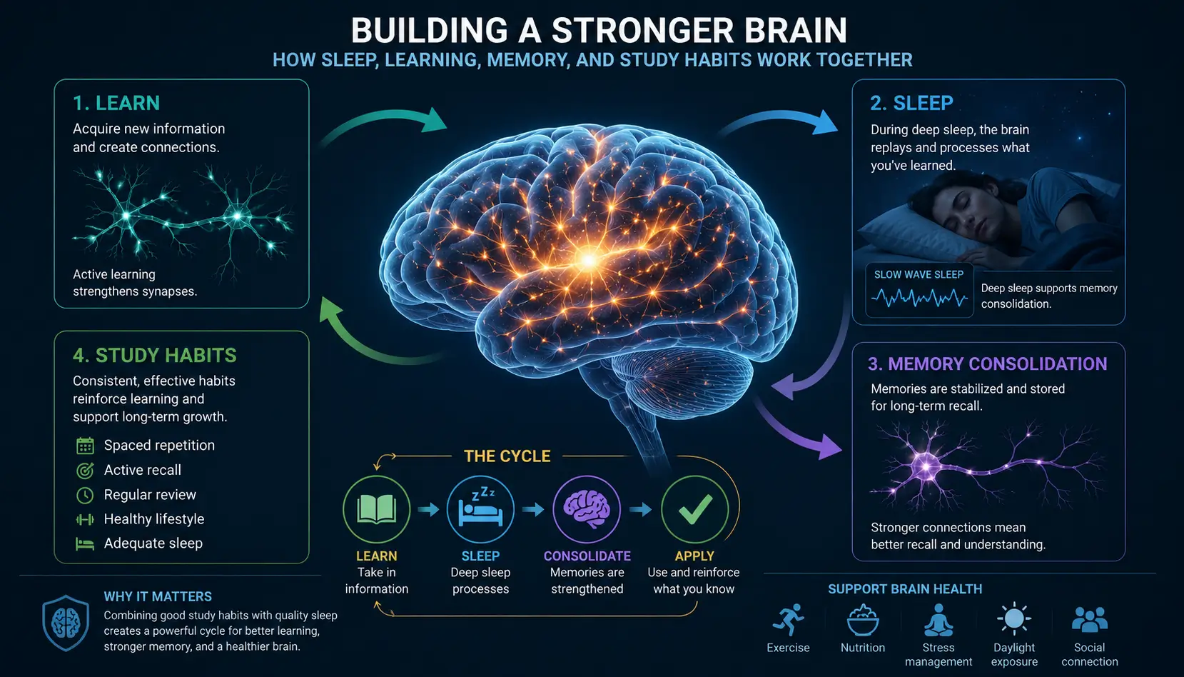 Brain health illustration showing the connection between sleep, learning, memory consolidation, and recall.