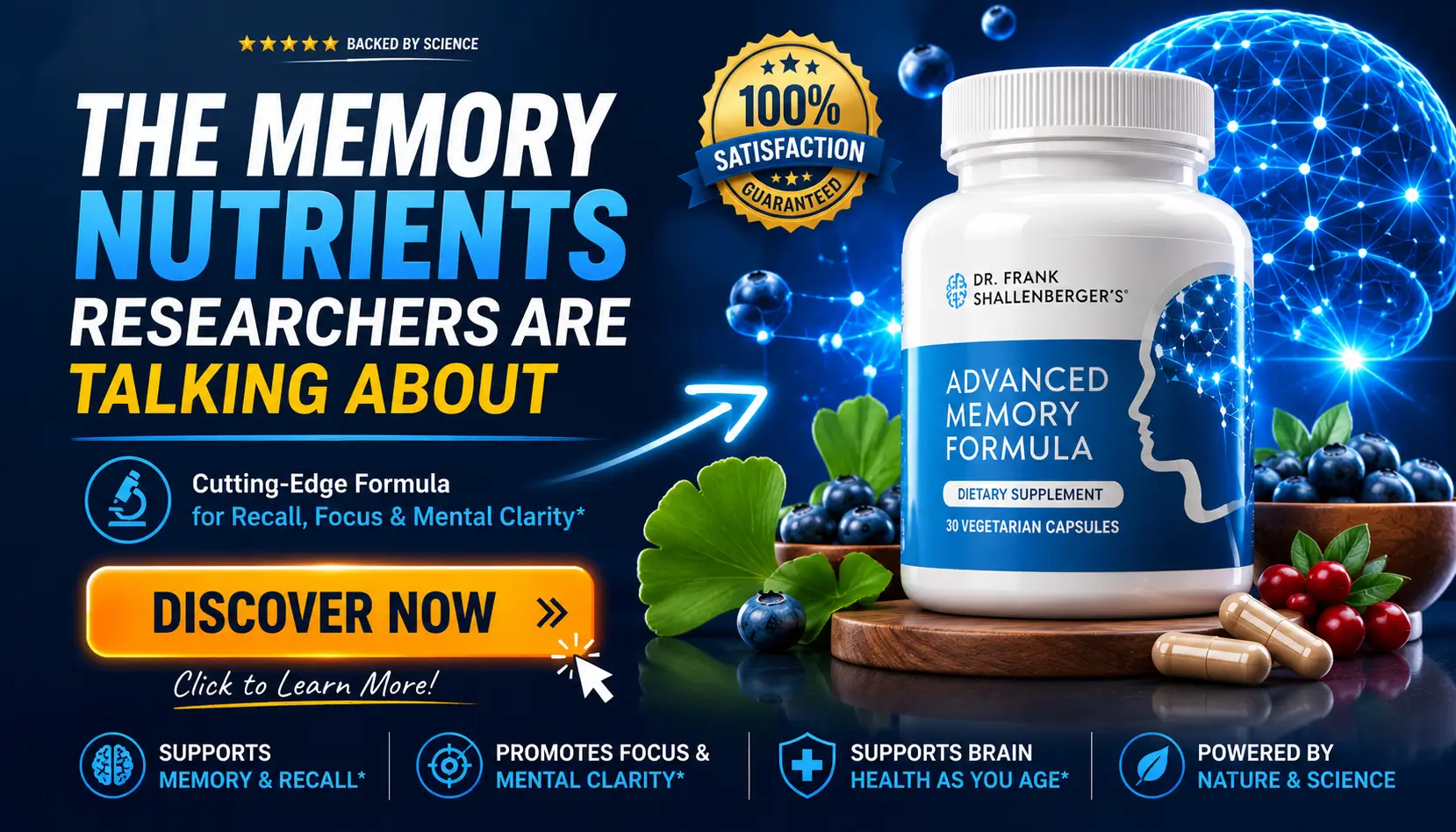 Advanced Memory Formula supplement banner highlighting memory nutrients and mental clarity
