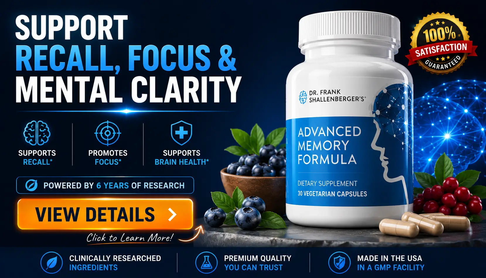 Advanced Memory Formula banner supporting recall focus and brain health