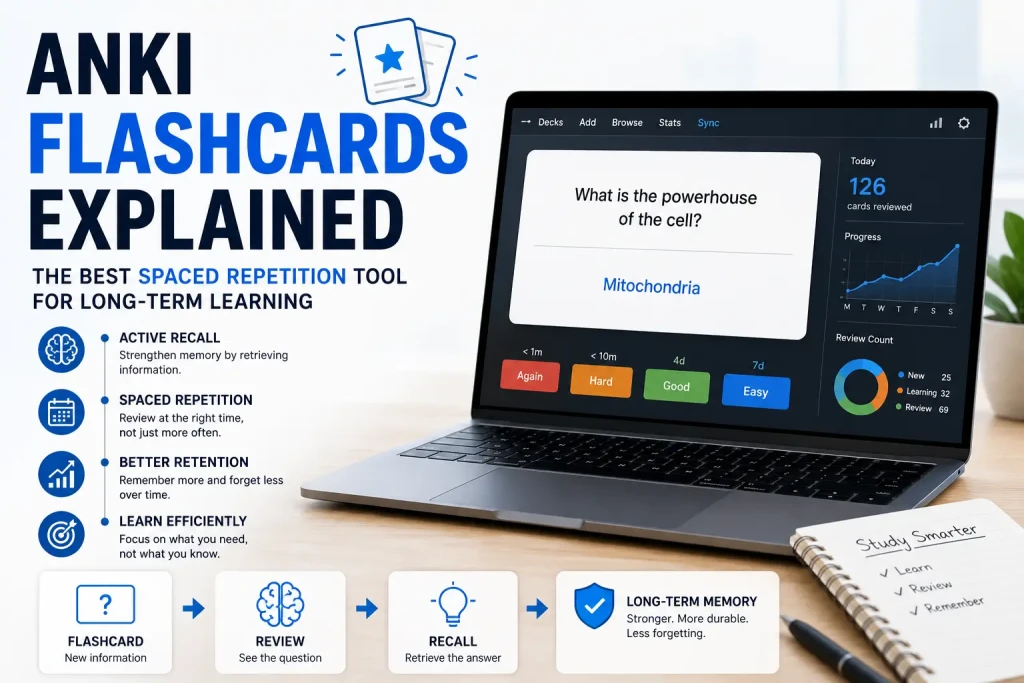 Anki flashcard learning workflow showing spaced repetition, active recall, and progressive movement from learning to long-term memory retention.