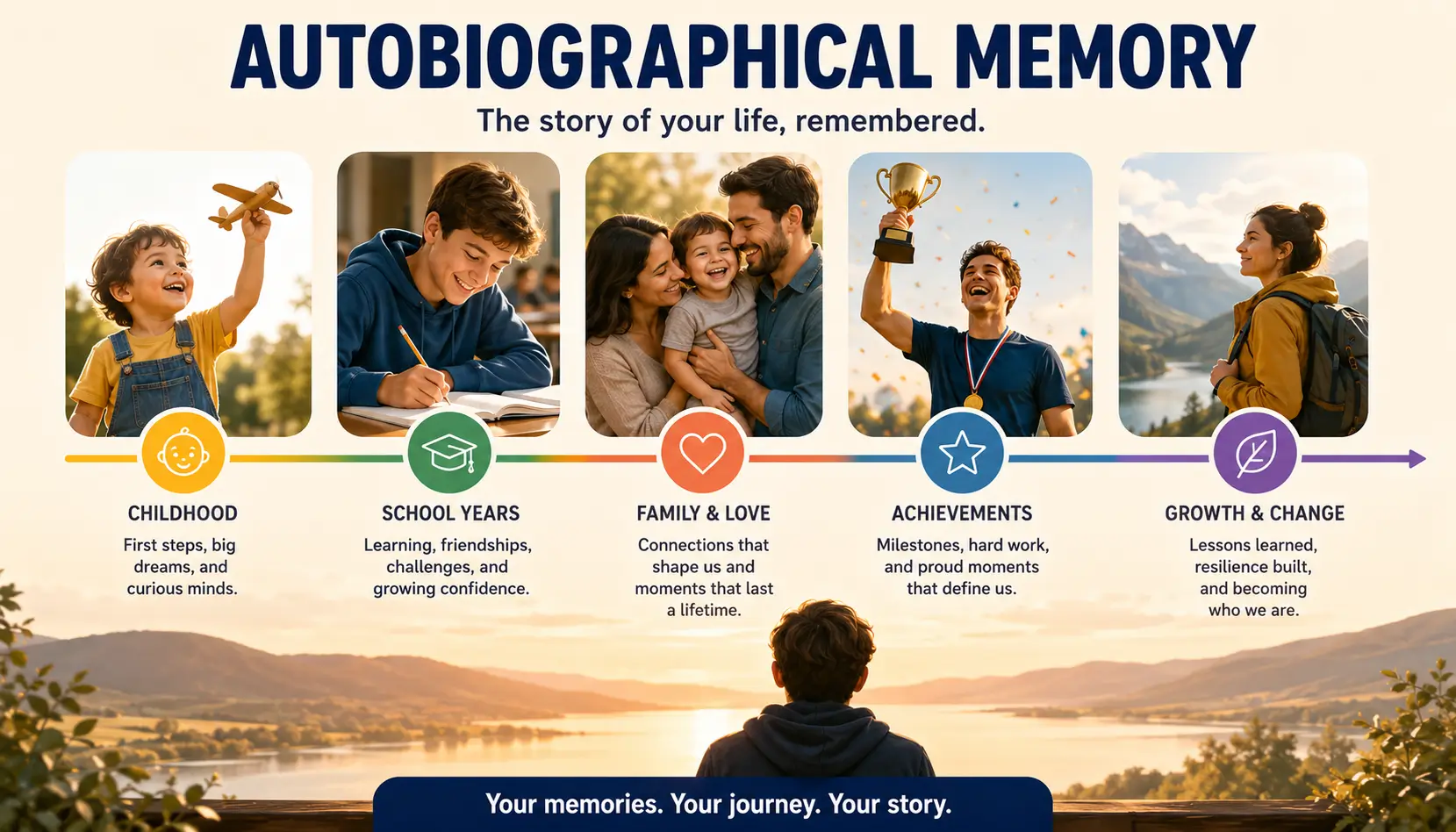 Autobiographical memory illustration showing important personal life experiences shaping identity and long-term memory.