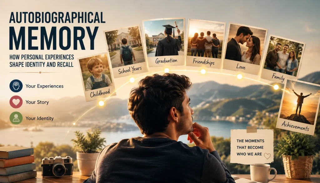 Autobiographical memory illustration showing personal life experiences, identity formation, and long-term recall across a person's lifetime.