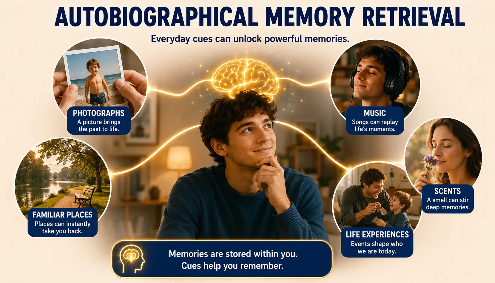Autobiographical memory retrieval activated by photographs, locations, music, and meaningful personal experiences.