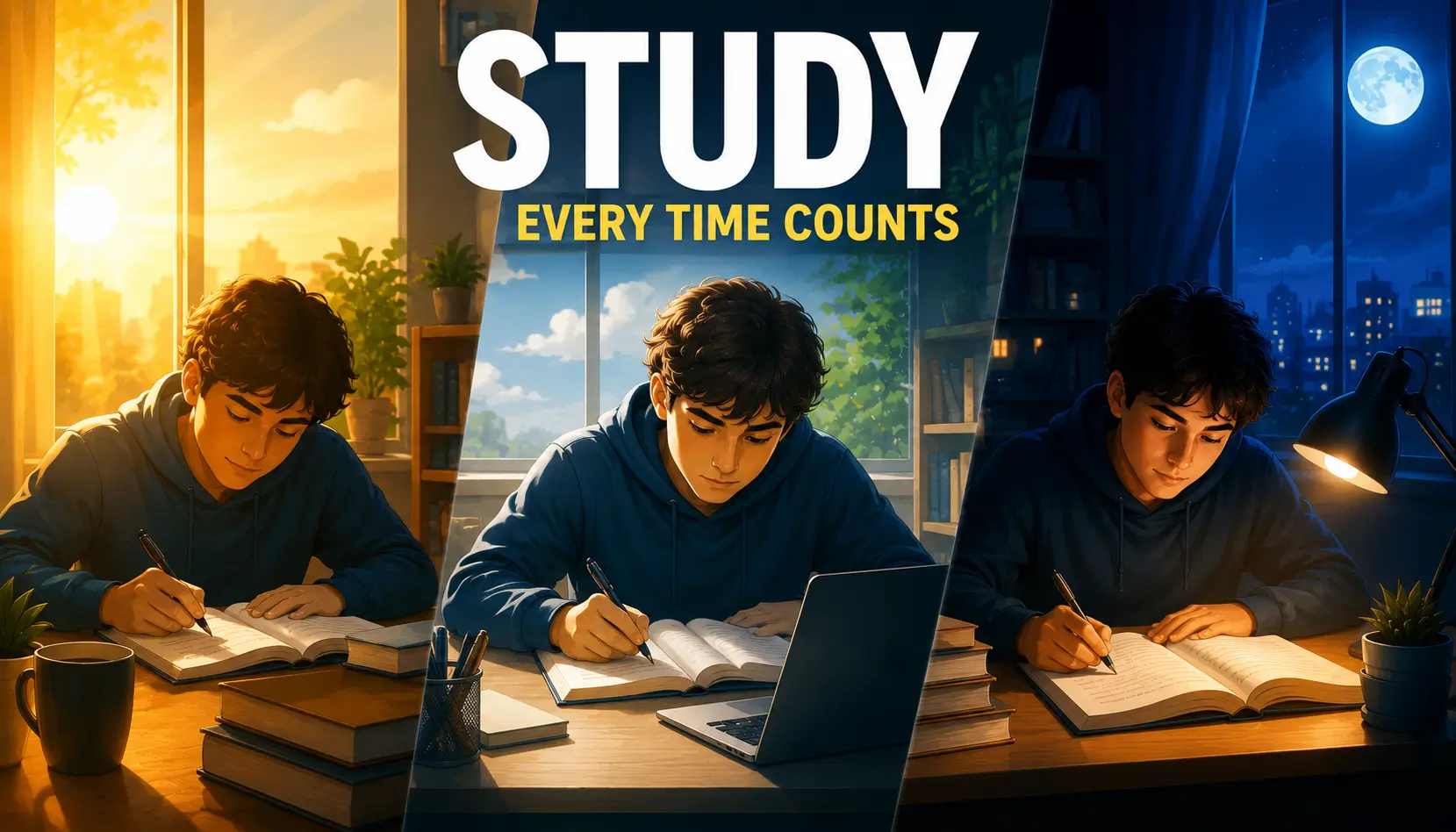 Student studying during different times of the day to optimize learning and memory performance.