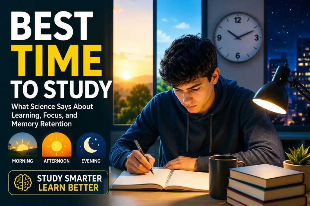 Student studying at the optimal time of day to improve focus, learning performance, and long-term memory retention.