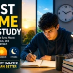 Student studying at the optimal time of day to improve focus, learning performance, and long-term memory retention.
