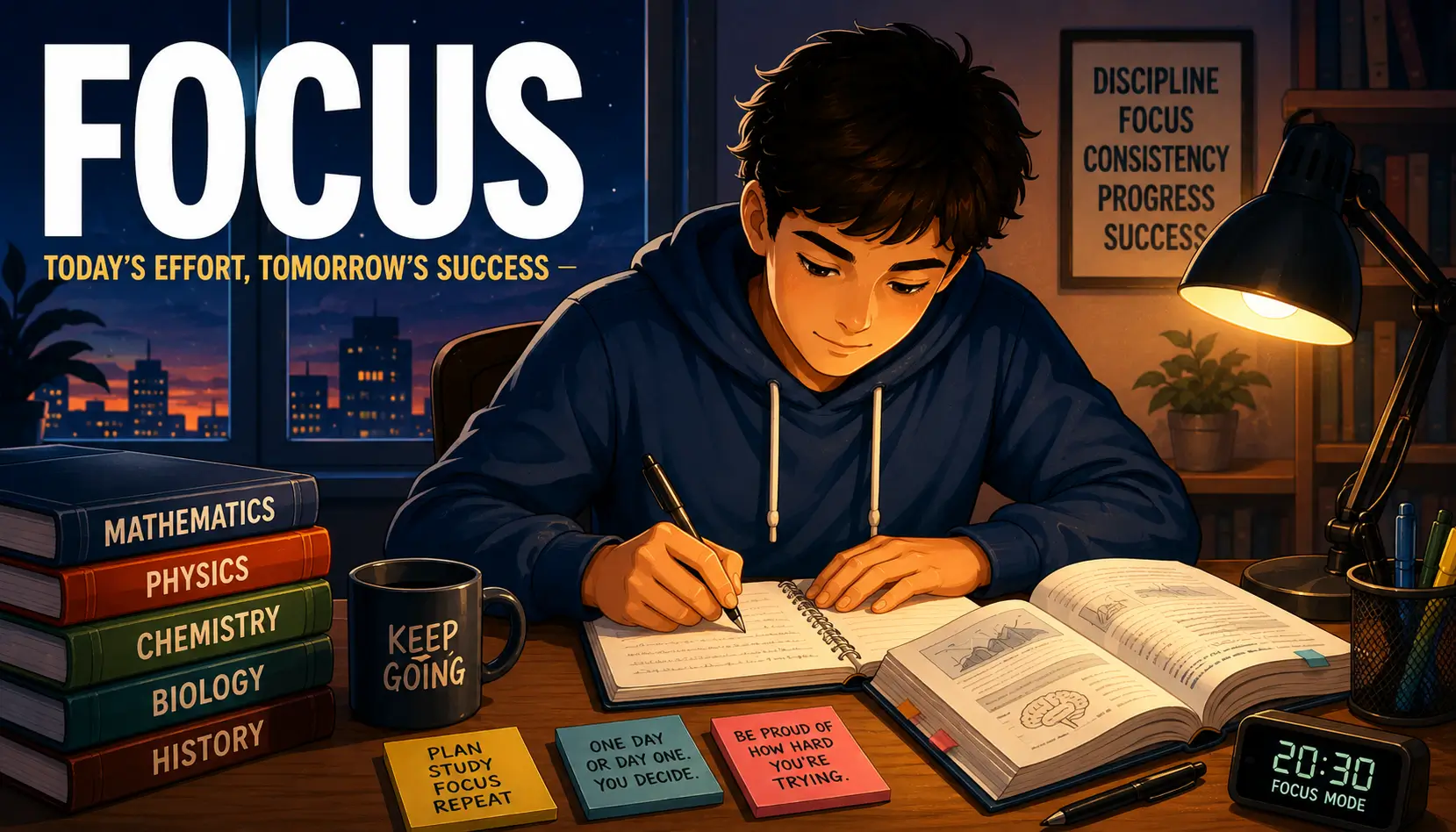 Focused evening study session in a quiet learning environment designed to support concentration.