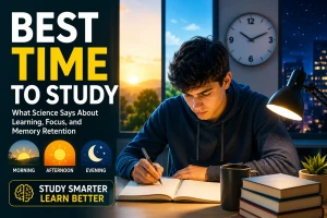 Student studying at the optimal time of day to improve focus, learning performance, and long-term memory retention.