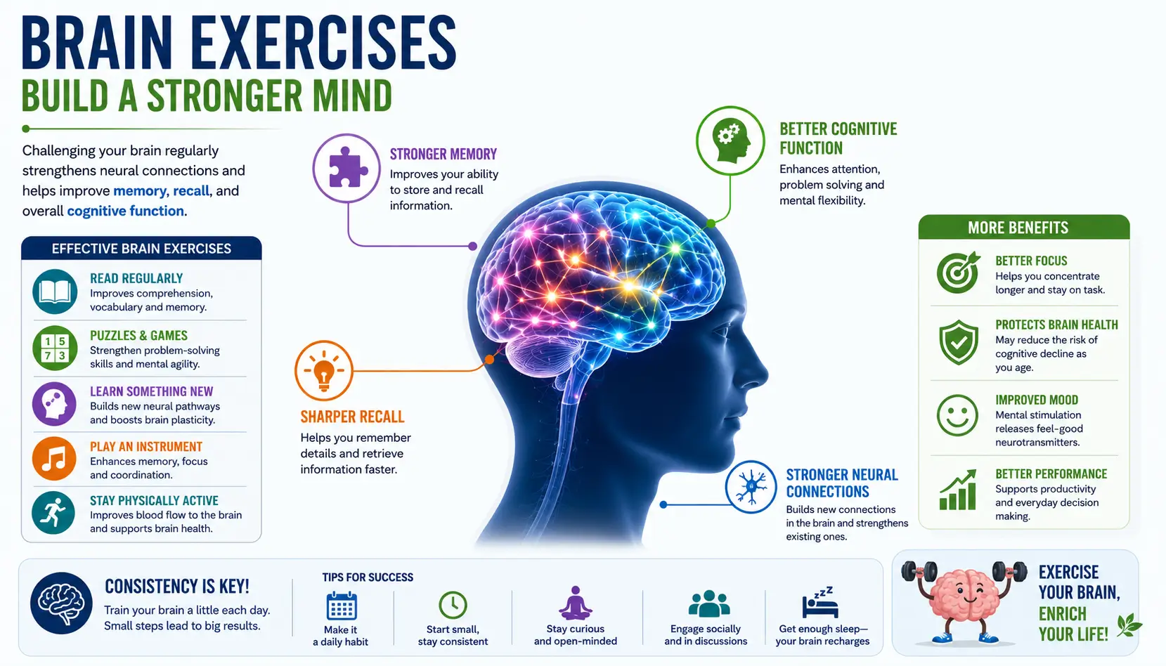 Brain exercises for memory illustration showing cognitive training activities strengthening recall, focus, and neural connections.