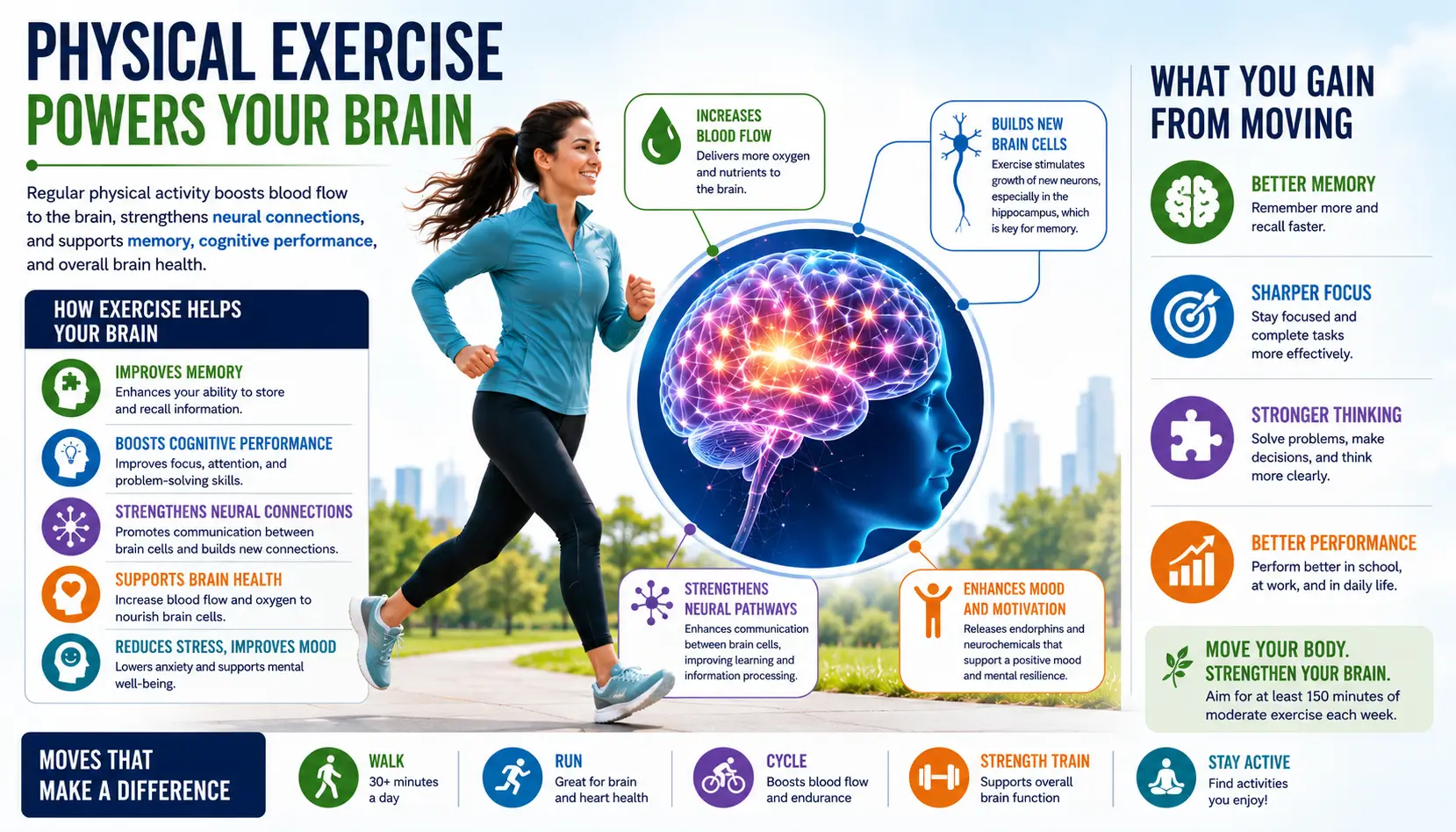 Brain exercises for memory illustration showing physical activity supporting cognitive performance, memory retention, and brain health.
