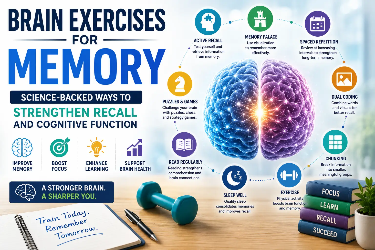 Brain exercises for memory illustration showing cognitive training activities, memory improvement techniques, and strengthened neural connections supporting long-term recall.