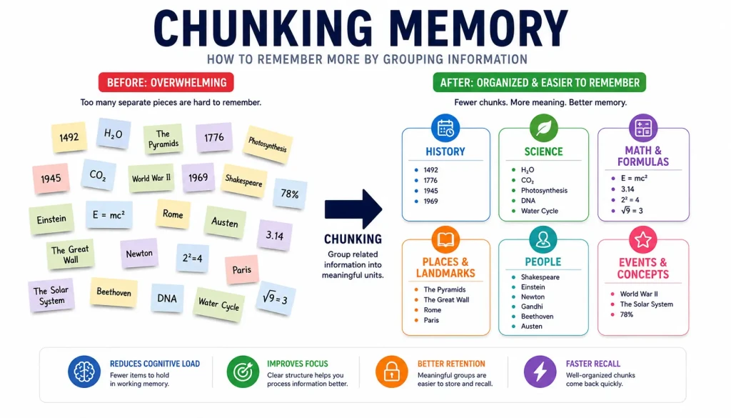 Chunking memory illustration showing information grouped into meaningful categories to improve learning, understanding, and long-term recall.