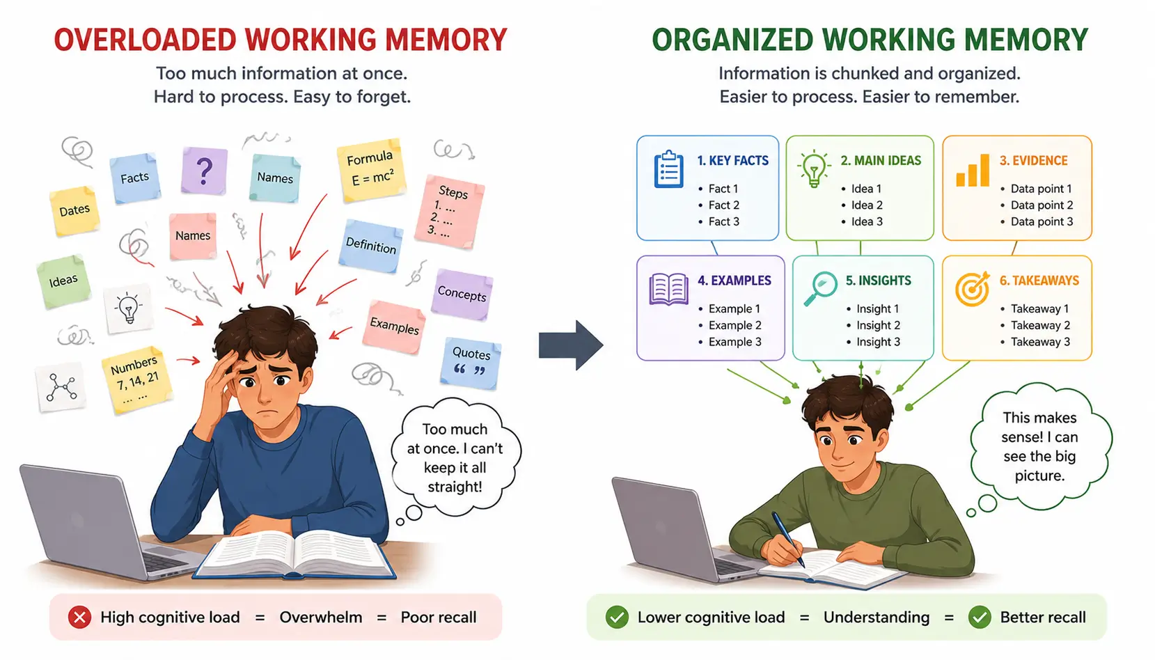 Chunking reducing cognitive load by organizing large amounts of information into manageable groups.