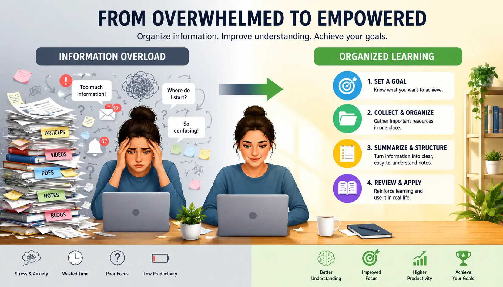 Cognitive Load Theory illustration comparing mental overload with organized and efficient learning.