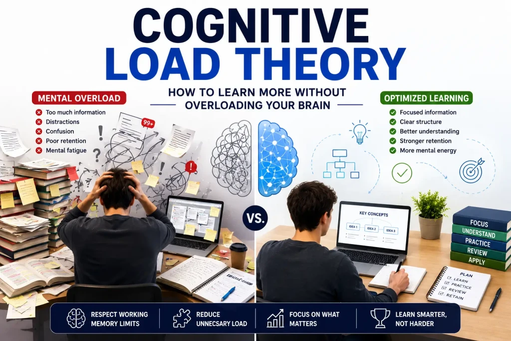 Cognitive Load Theory illustration showing how reducing information overload helps working memory process information more efficiently and improves learning outcomes.