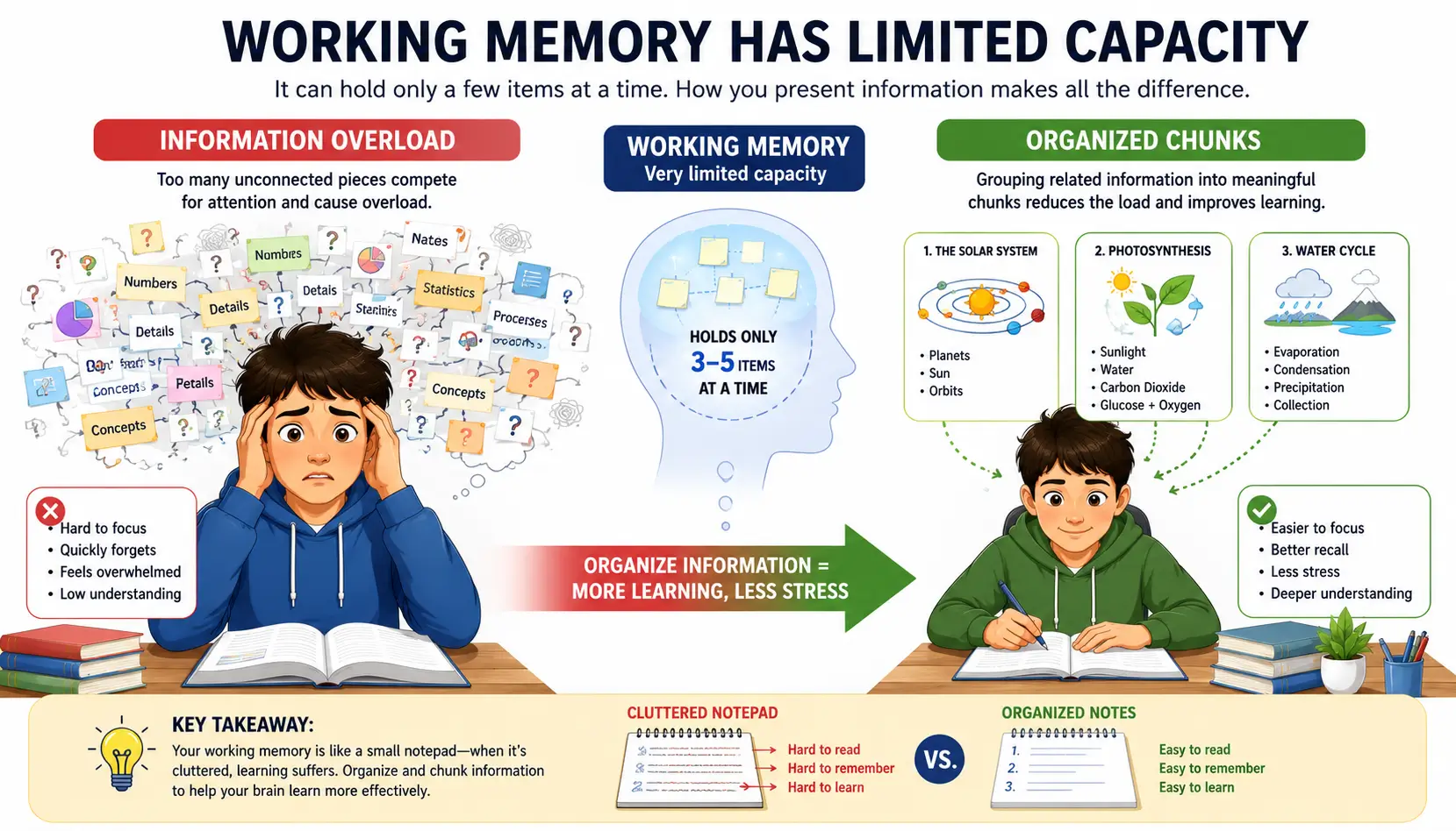 Working memory illustration comparing cognitive overload with organized information chunks that improve learning efficiency.