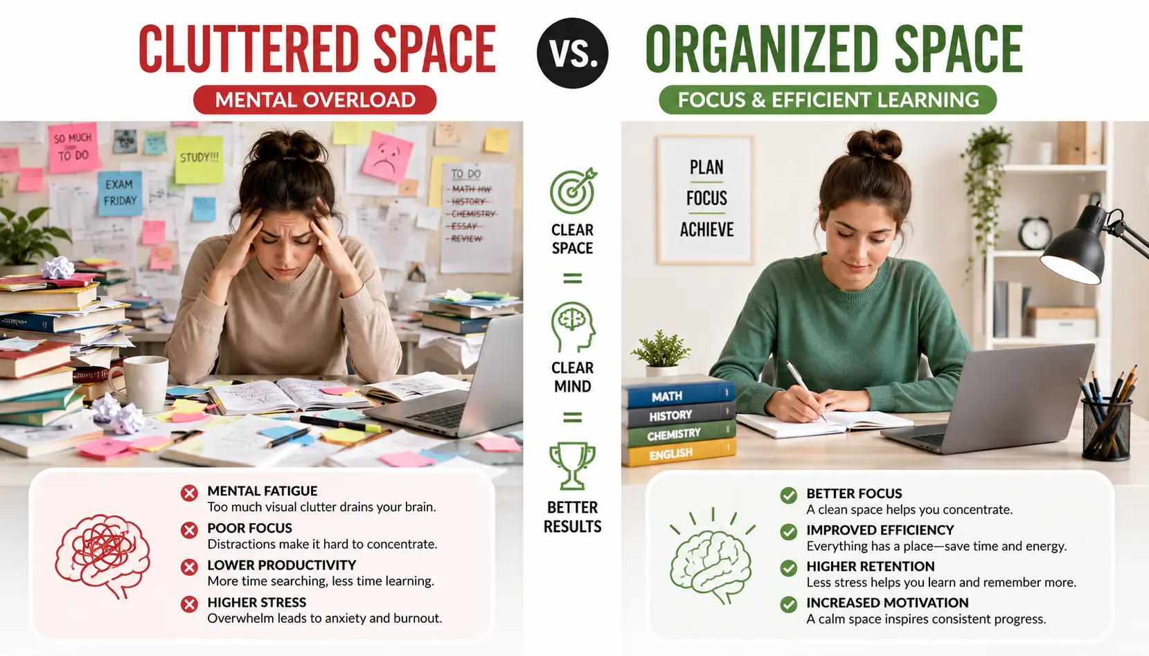 Cognitive Load Theory illustration comparing information overload with organized learning environments that support focus and memory.