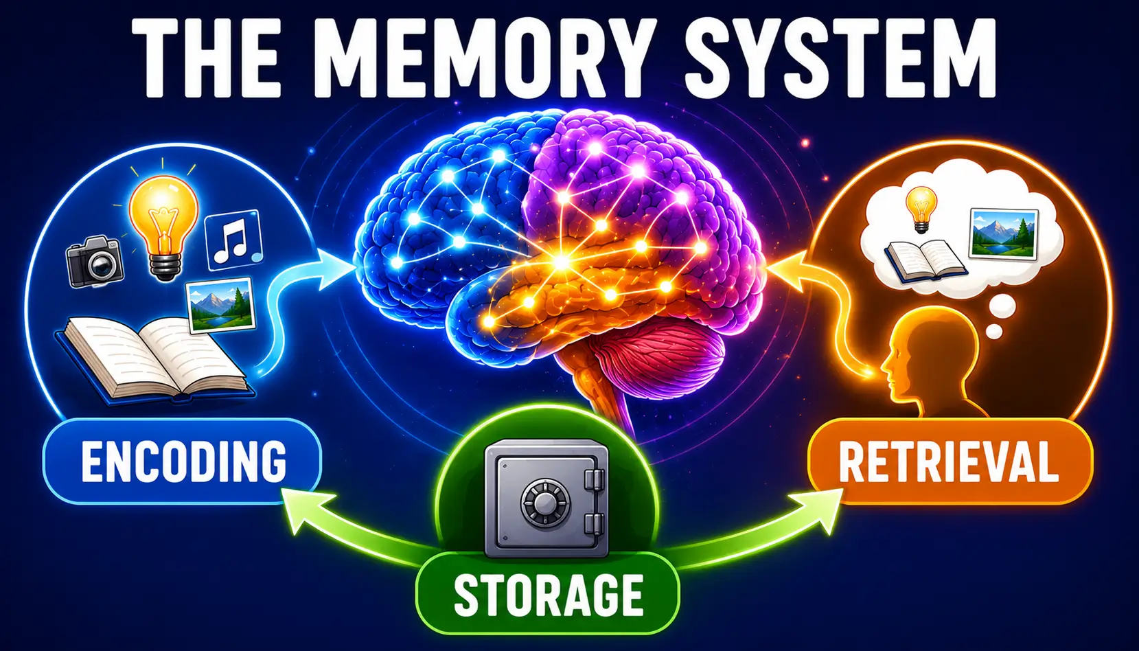 Complete memory guide illustration showing how encoding, storage, and retrieval work together.