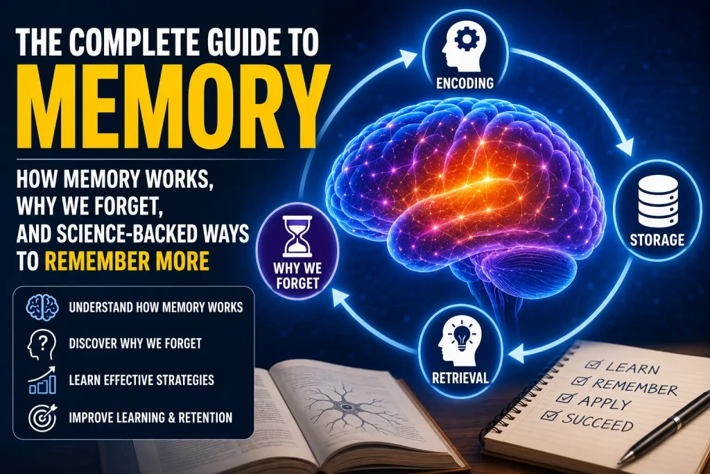 Complete guide to memory illustration showing encoding, storage, retrieval, forgetting, and evidence-based memory improvement techniques.