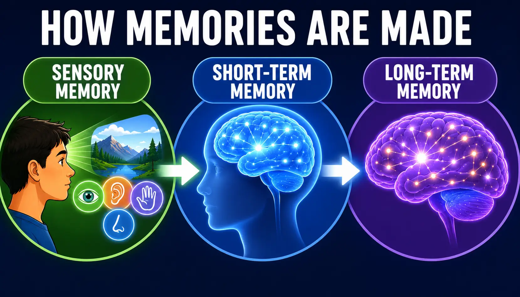 Memory systems illustration showing the flow of information through sensory, short-term, and long-term memory.