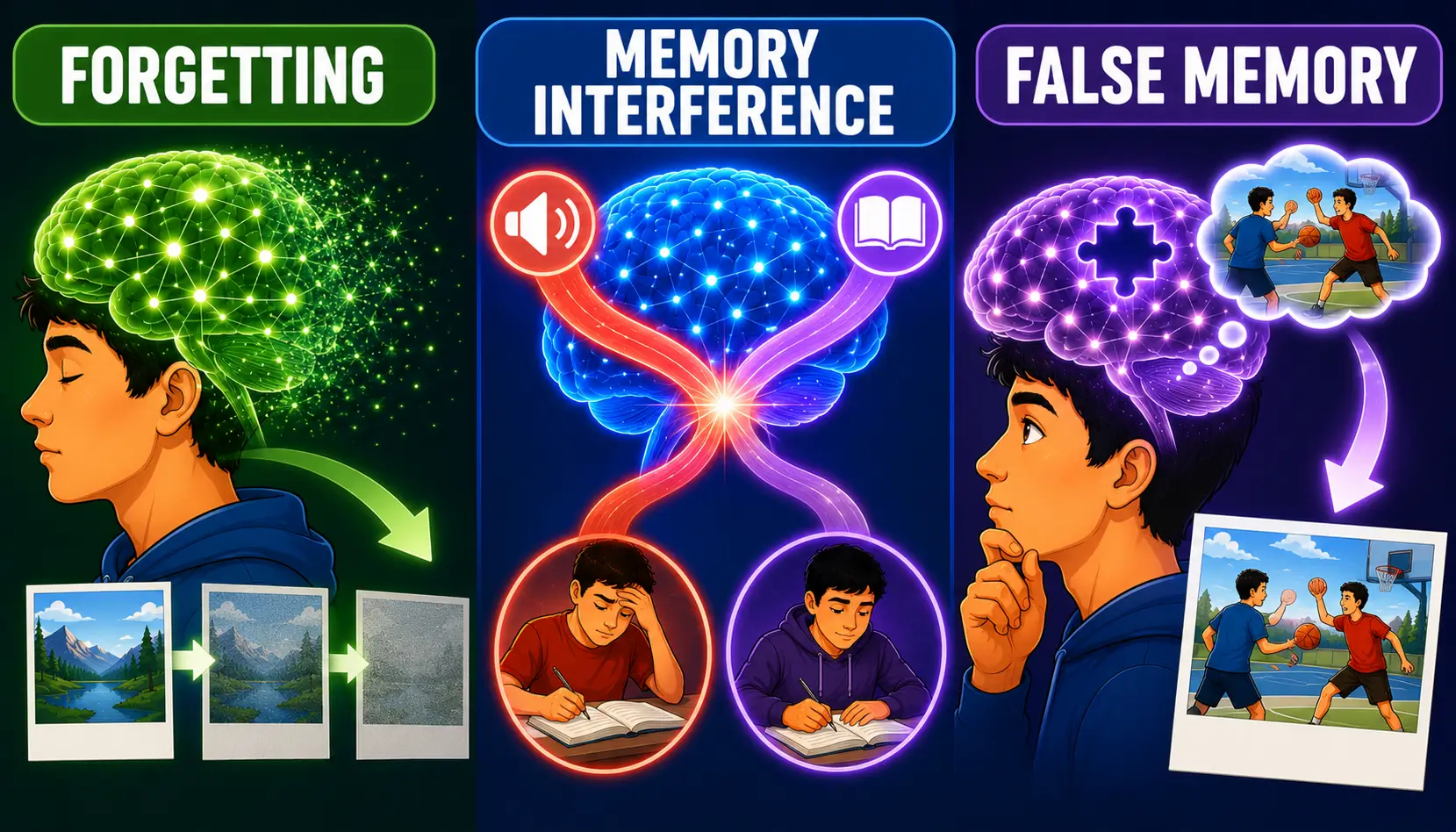 Memory science illustration showing forgetting, memory interference, and memory reconstruction processes.
