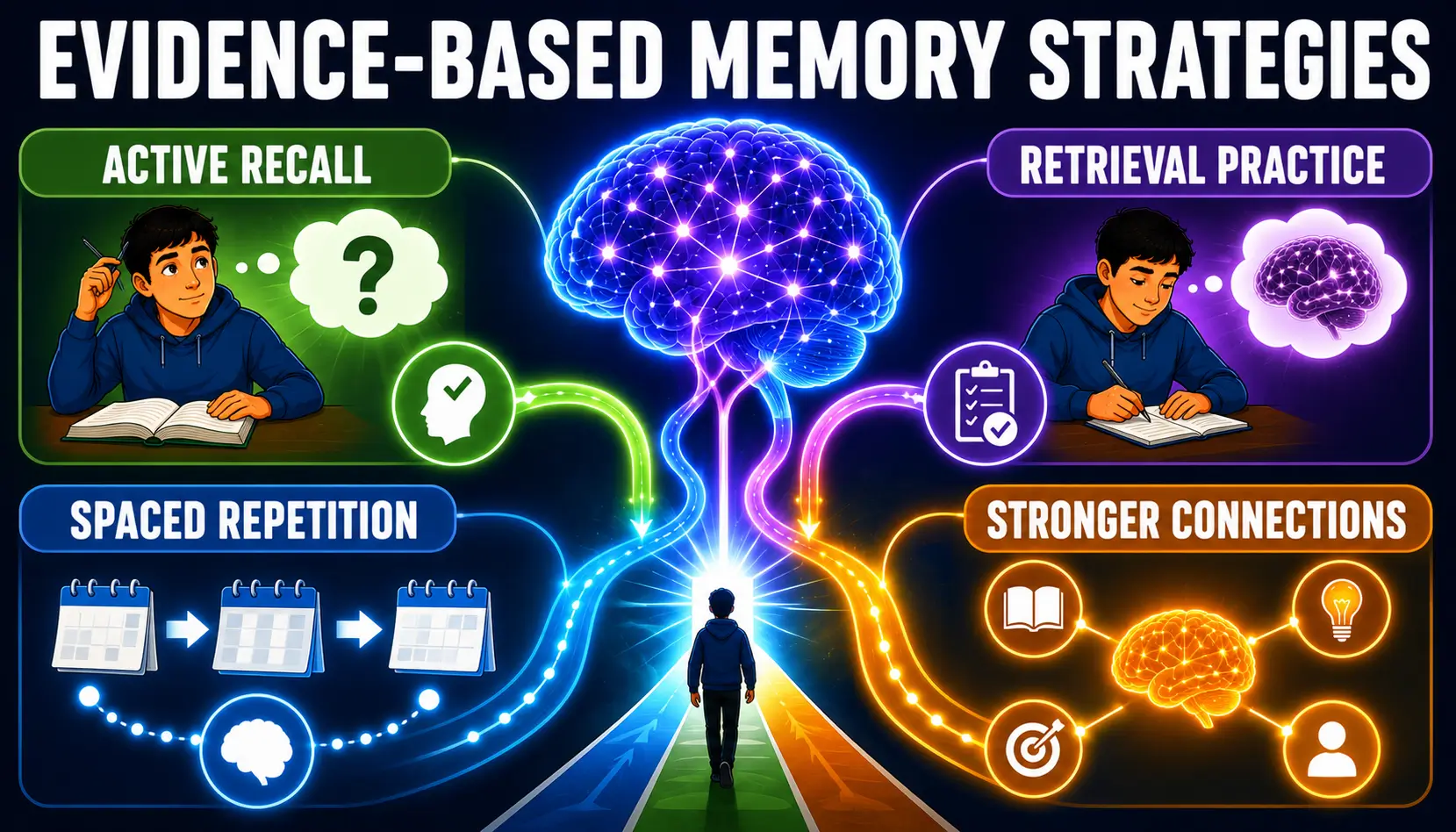 Memory improvement illustration showing active recall, spaced repetition, and retrieval practice techniques.