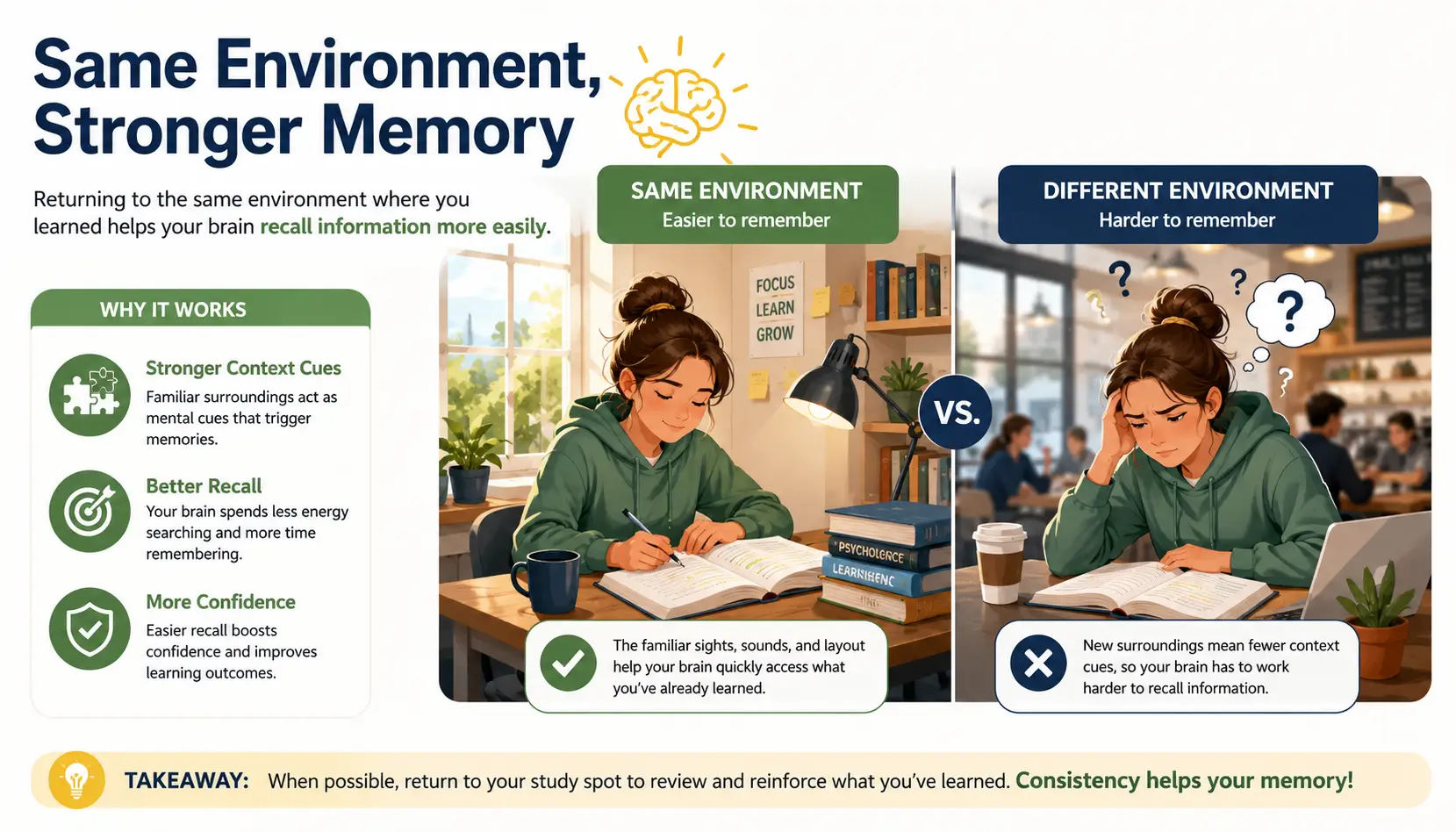 Context-dependent memory illustration showing environmental cues helping memory retrieval and recall.