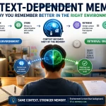Context-dependent memory illustration showing environmental cues, familiar locations, and retrieval pathways supporting memory recall and learning.