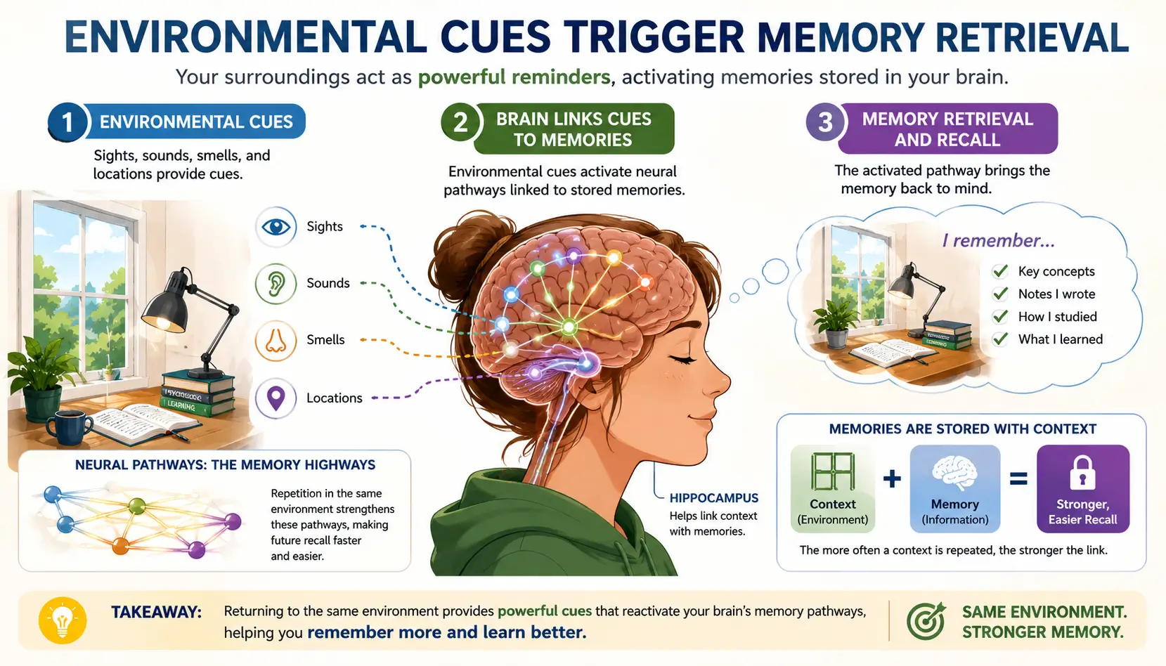 Context-dependent memory illustration showing environmental cues helping retrieve stored memories and learned information.