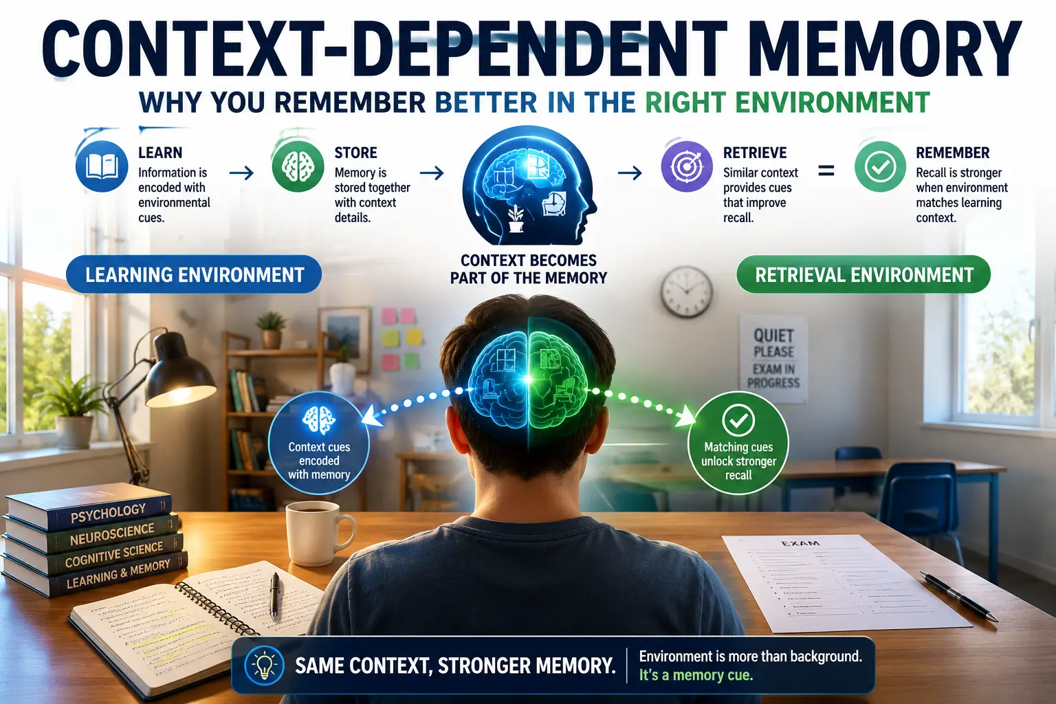Context-dependent memory illustration showing environmental cues, familiar locations, and retrieval pathways supporting memory recall and learning.