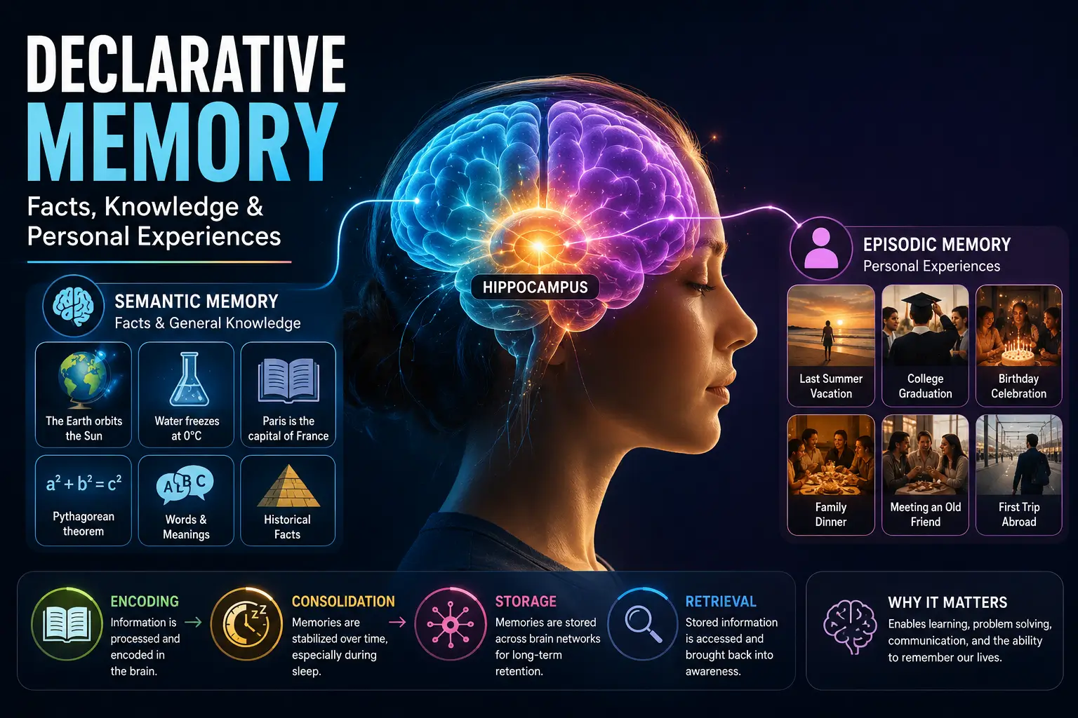 Declarative memory illustration showing how the brain stores facts, knowledge, and personal experiences for conscious recall.