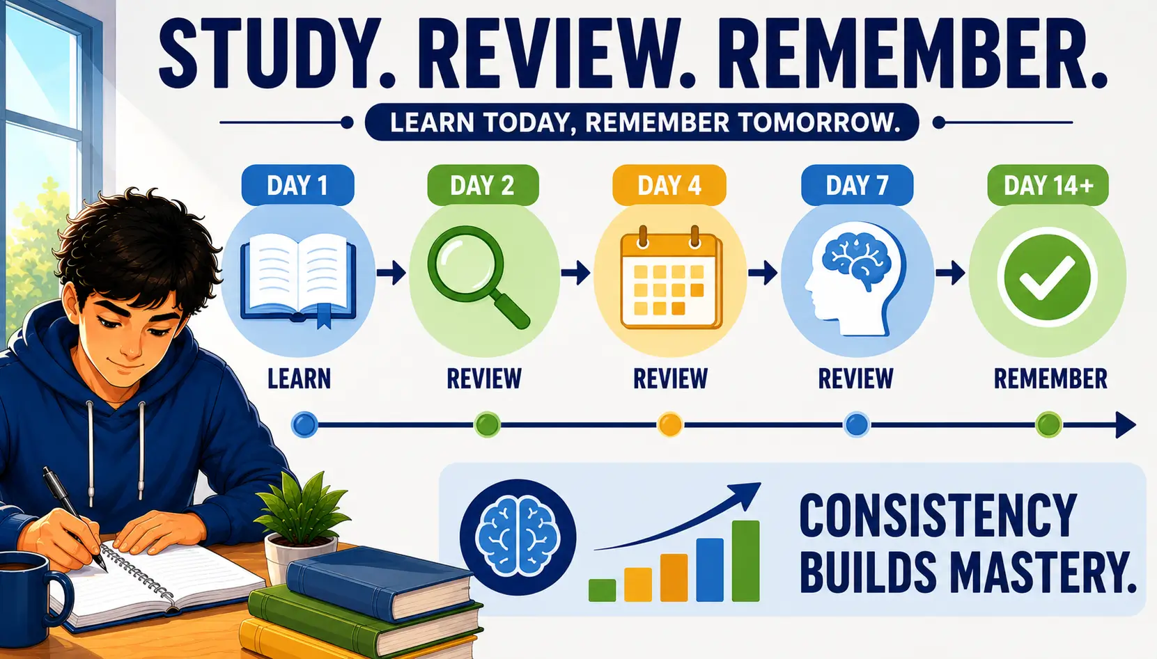 Student using distributed practice by studying across multiple sessions to improve long-term memory retention.