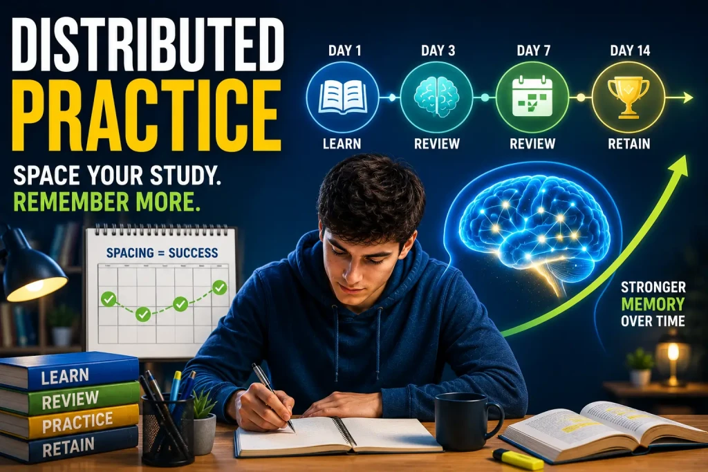 Distributed practice illustration showing spaced learning sessions that strengthen memory retention and long-term recall.