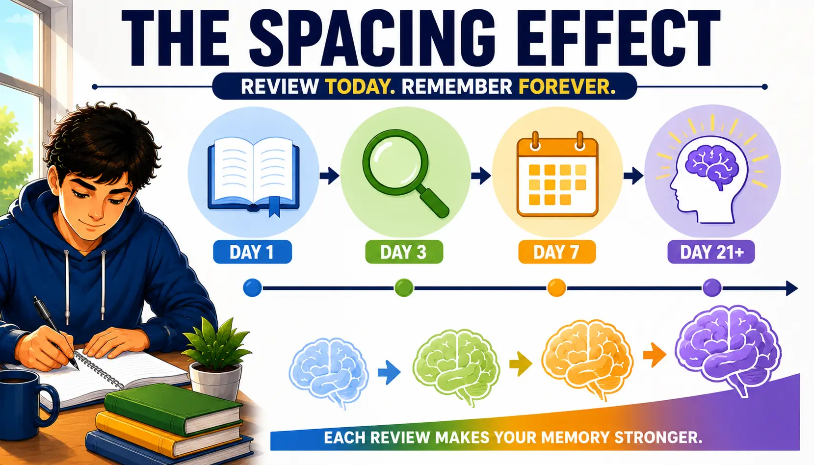 Visual representation of distributed practice strengthening memory through spaced learning sessions over time.