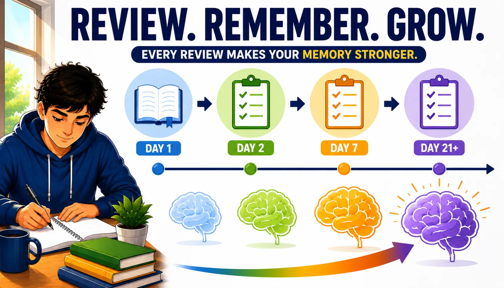 Student strengthening long-term memory through repeated distributed practice and spaced review sessions.
