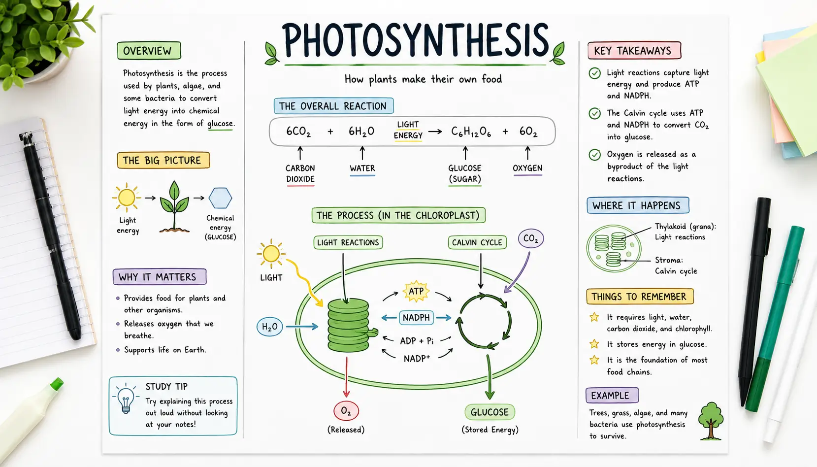 Study notes combining diagrams and written explanations to improve understanding through dual coding.