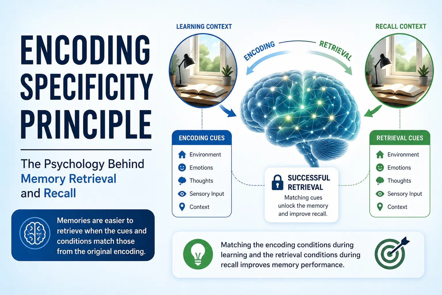 Educational illustration explaining the encoding specificity principle, retrieval cues, memory recall pathways, and context-dependent memory retrieval