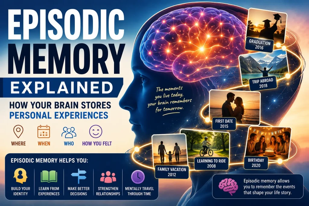 Episodic memory illustration showing personal experiences, life events, emotions, and retrieval cues connected across a timeline of autobiographical memories.