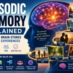 Episodic memory illustration showing personal experiences, life events, emotions, and retrieval cues connected across a timeline of autobiographical memories.