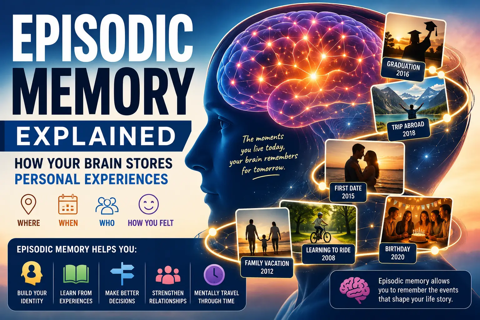 Episodic memory illustration showing personal experiences, life events, emotions, and retrieval cues connected across a timeline of autobiographical memories.