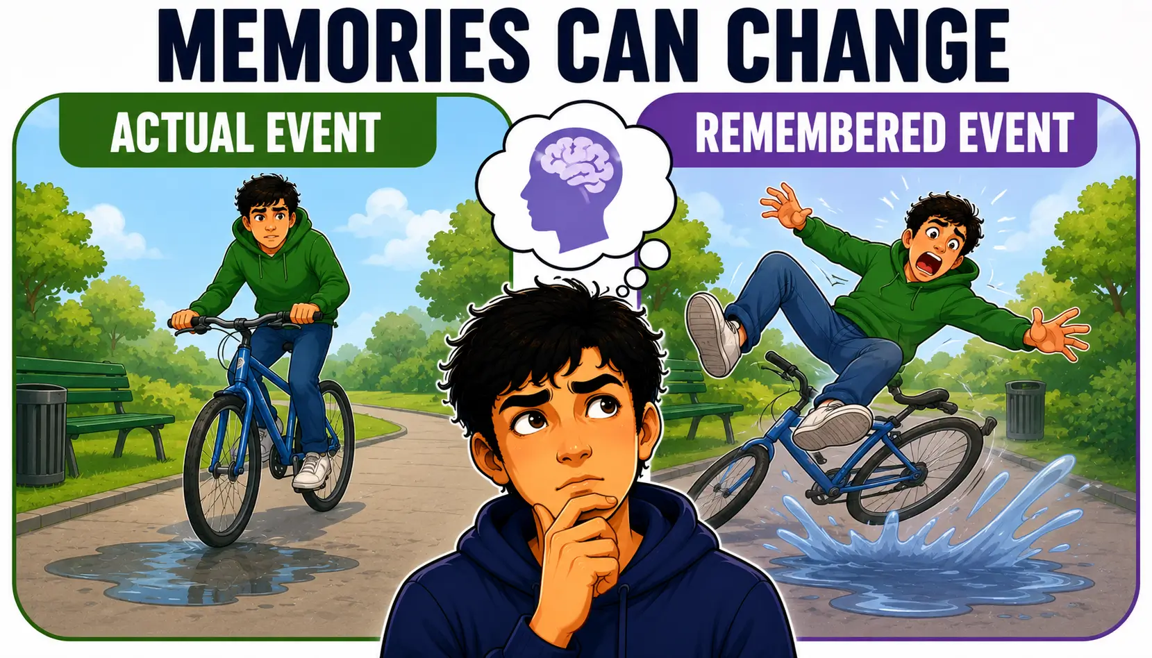 False memory illustration showing differences between actual events and remembered experiences.