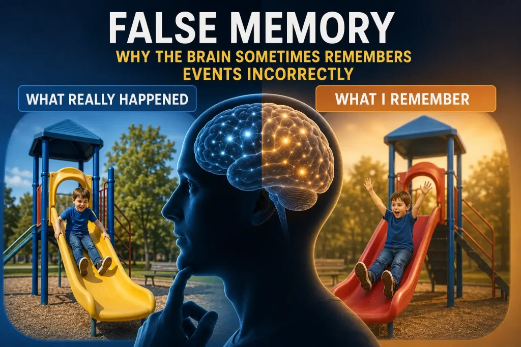 False memory illustration showing how memory reconstruction can create convincing but inaccurate recollections of past events.