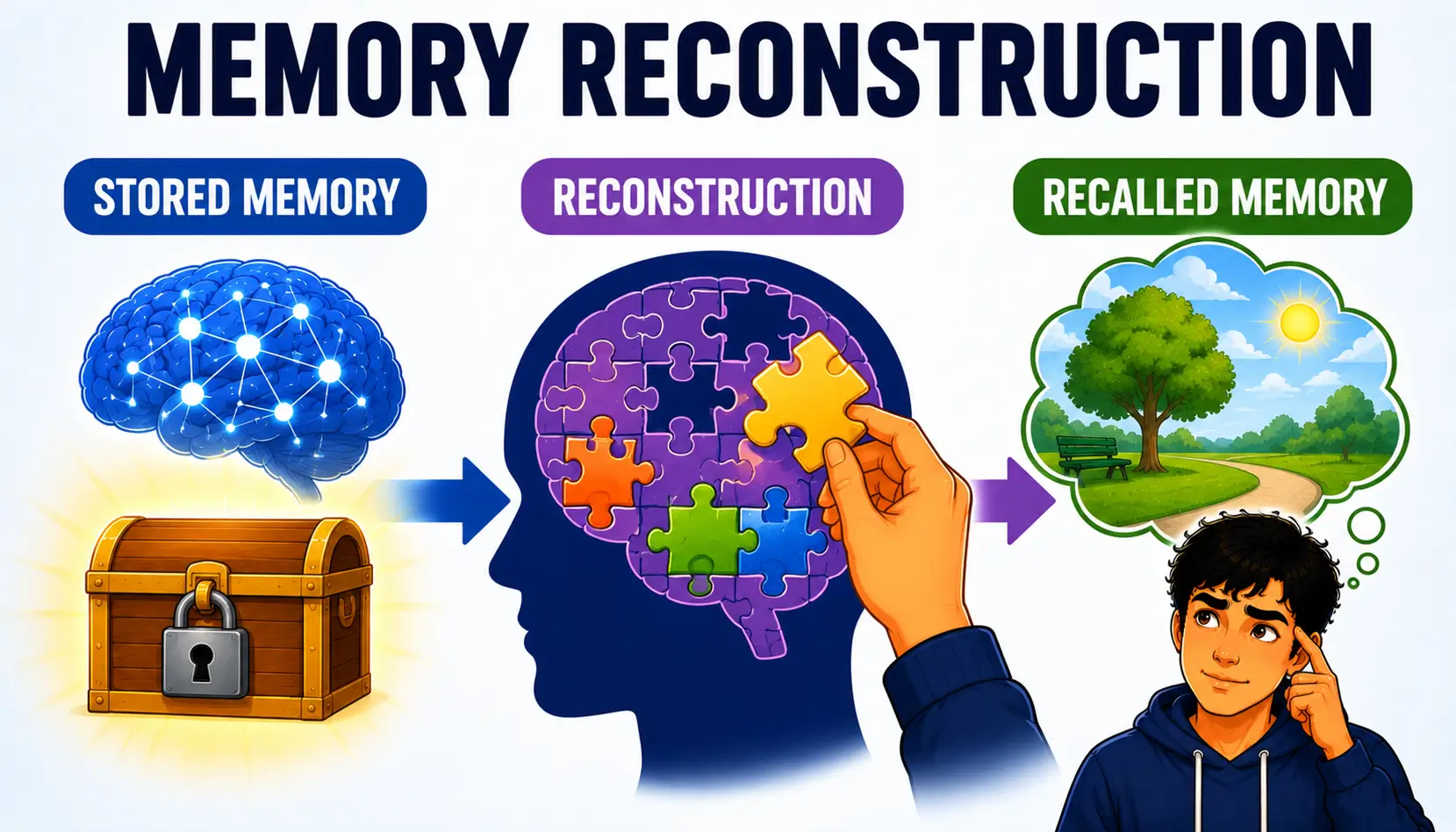 Memory reconstruction illustration showing how recalled memories can change each time they are remembered.