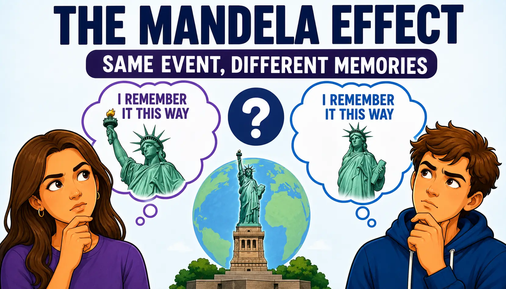 False memory and Mandela Effect illustration showing how groups of people can remember events differently from reality.