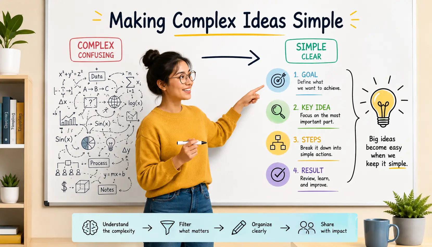 Feynman Technique illustration showing complex information simplified through teaching and explanation.