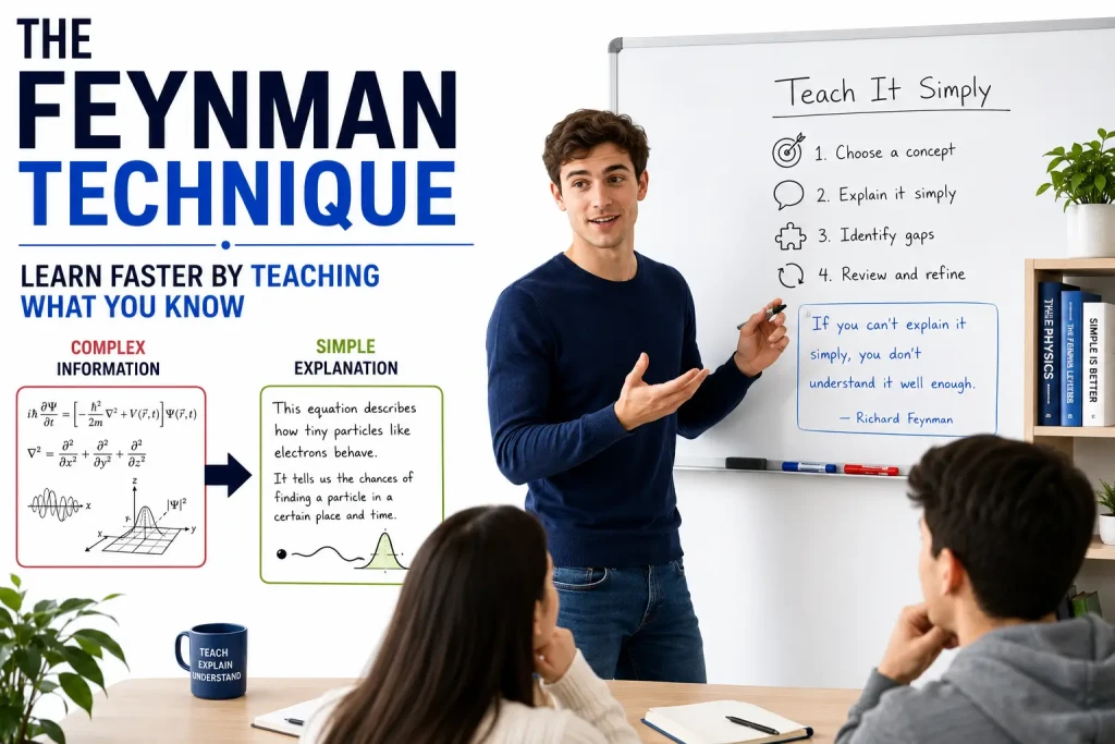 Feynman Technique illustration showing a learner simplifying complex ideas through teaching, improving understanding, memory, and long-term learning.
