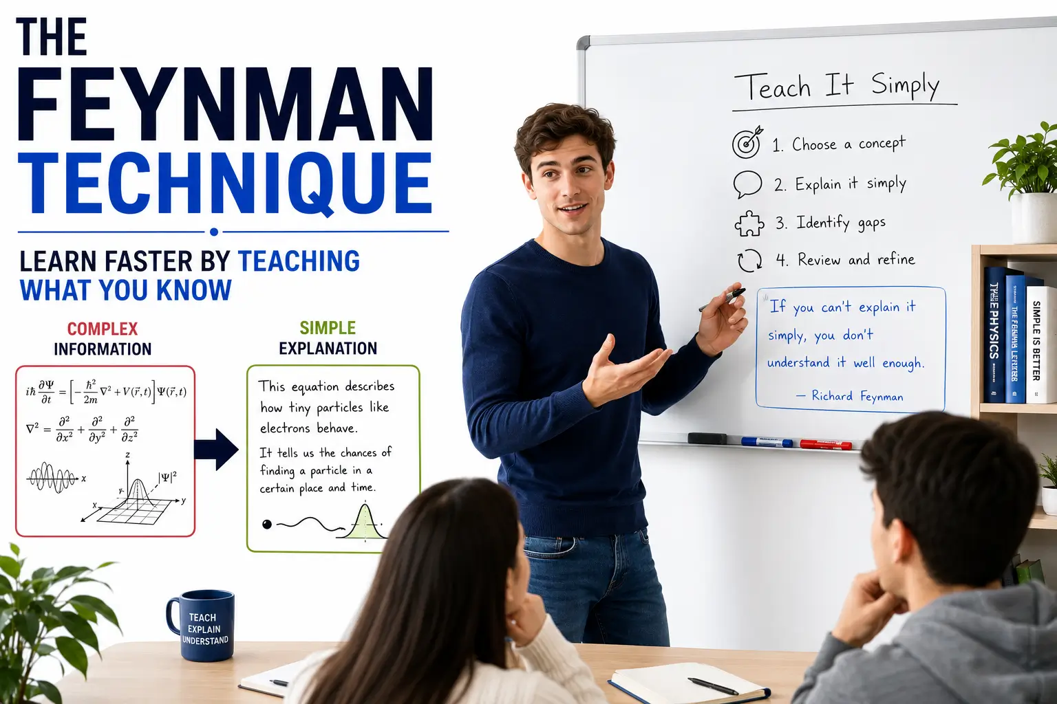 Feynman Technique illustration showing a learner simplifying complex ideas through teaching, improving understanding, memory, and long-term learning.