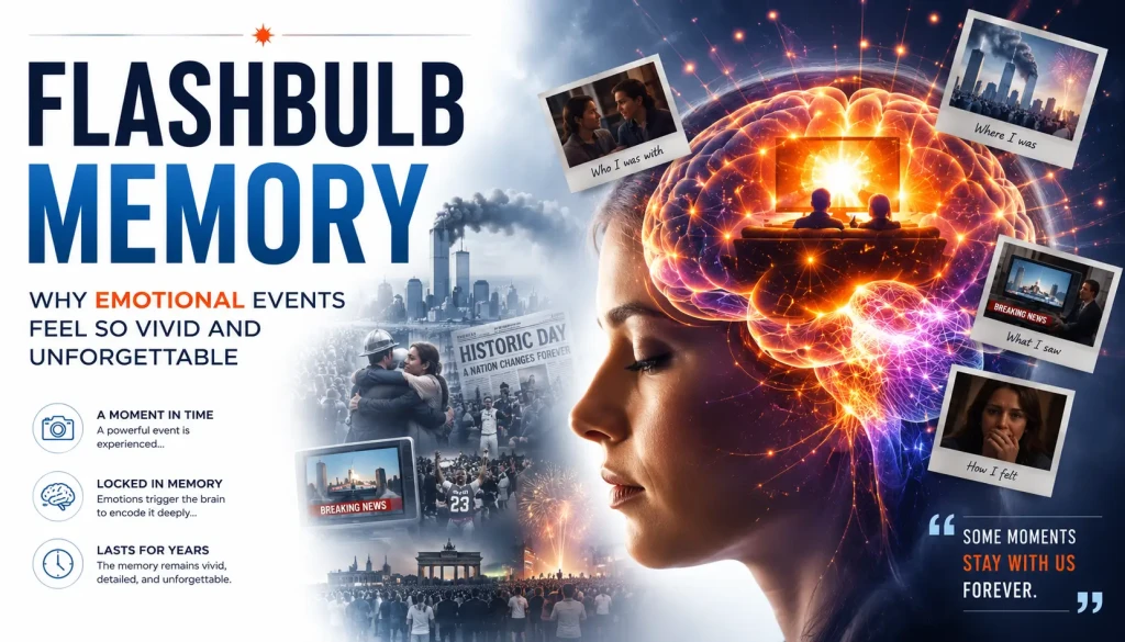 Flashbulb memory illustration showing a highly emotional life event creating a vivid and long-lasting memory that remains accessible for years