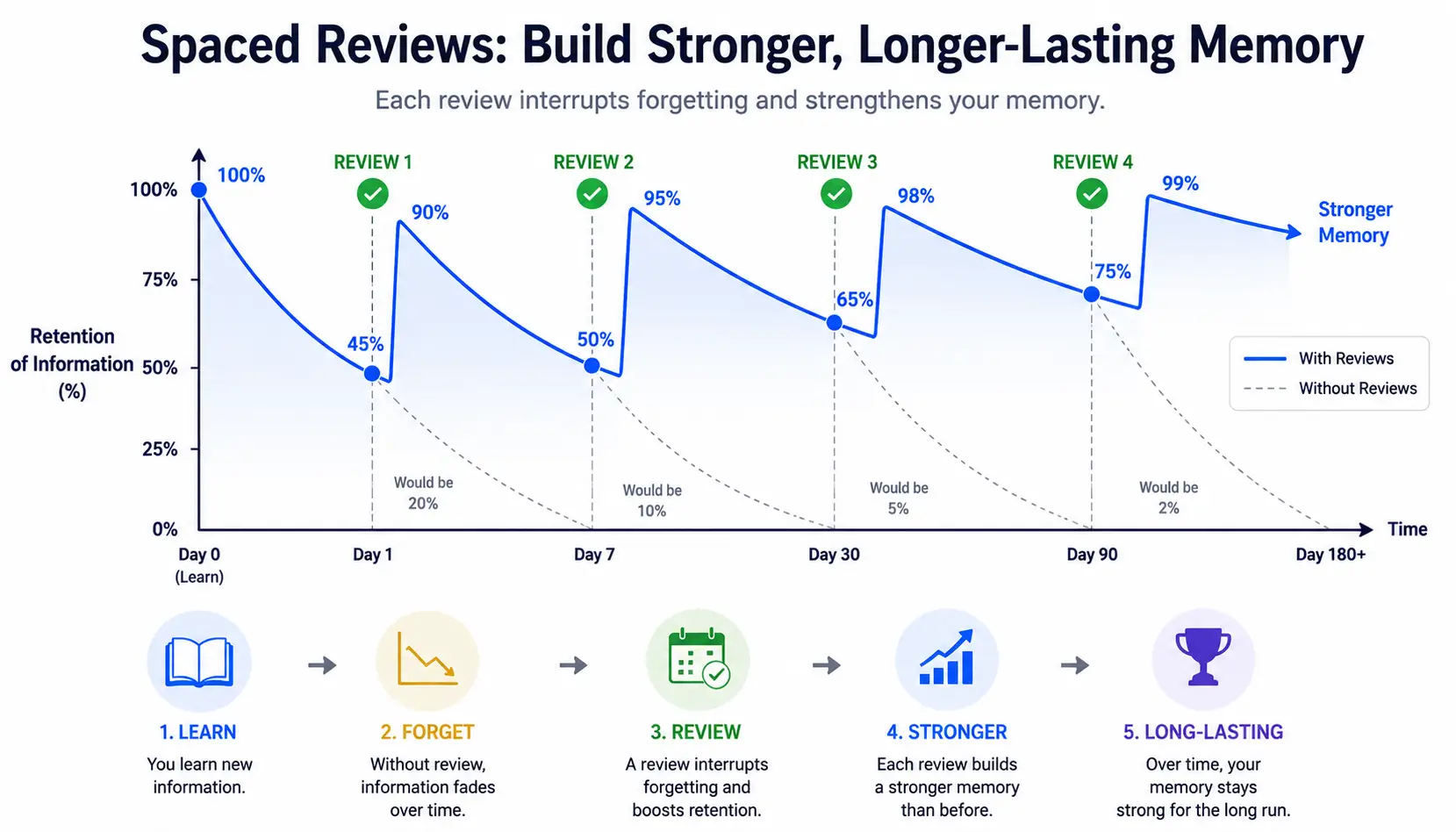 Spaced reviews repeatedly strengthening memory and reducing the effects of the forgetting curve over time.