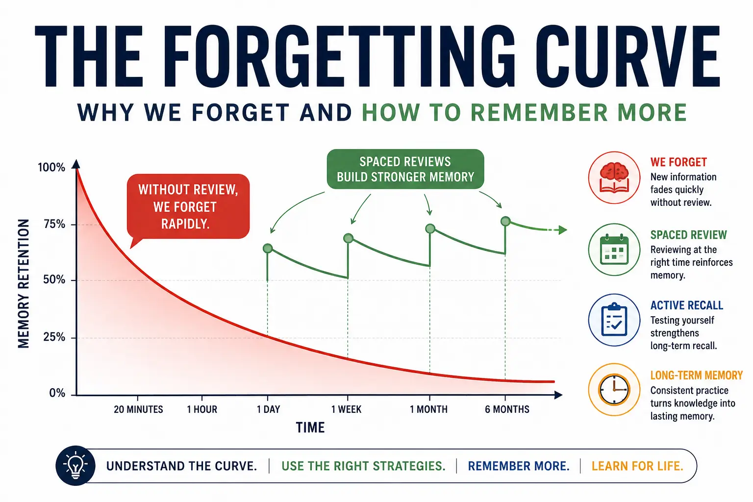 Ebbinghaus Forgetting Curve infographic showing memory retention declining over time and improving through spaced review sessions.